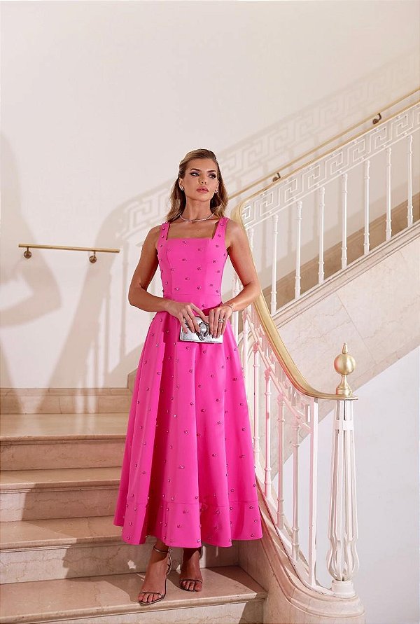 Vestido Midi em Crepe Alfaiataria Rosa