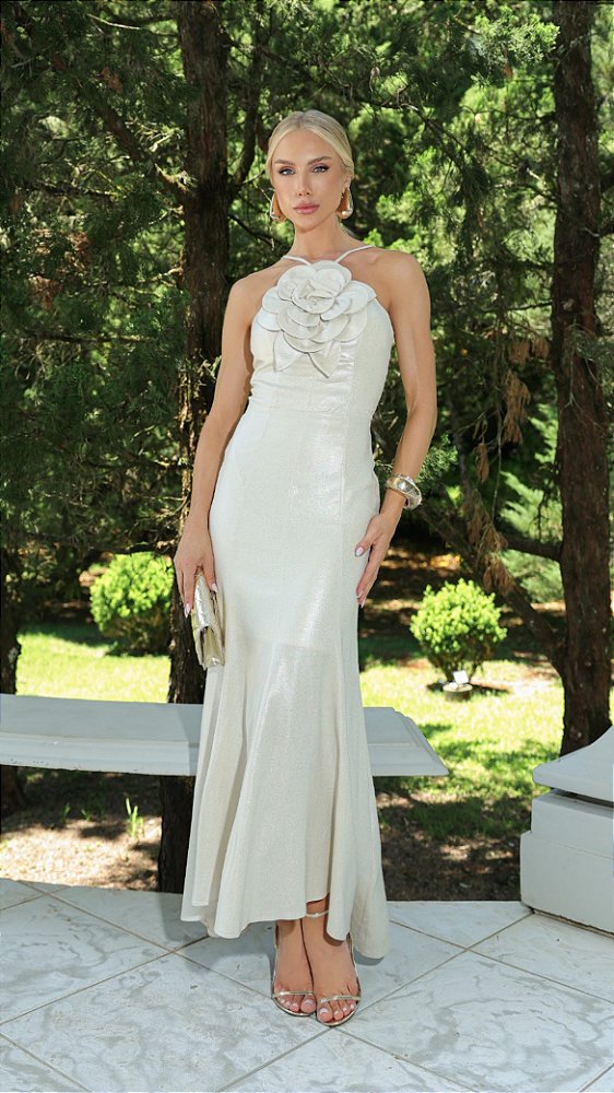 Vestido Mídi Mullet  de Viscolinho na cor Pérola