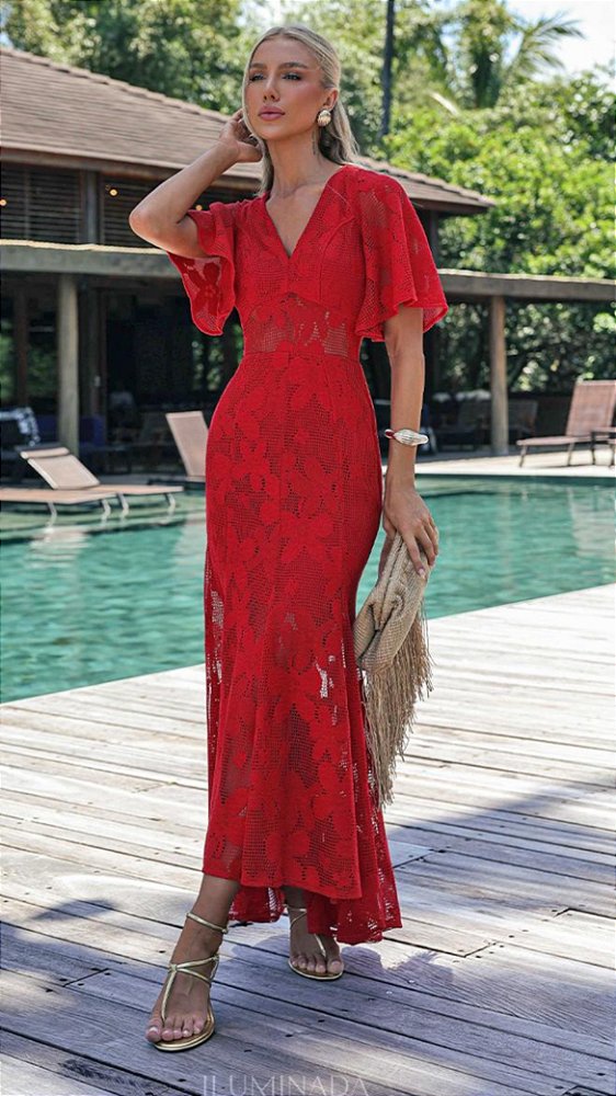 Vestido Mullet de Malha Vermelha Com Decote "V" e Mangas Sino Red Dreams Vermelho