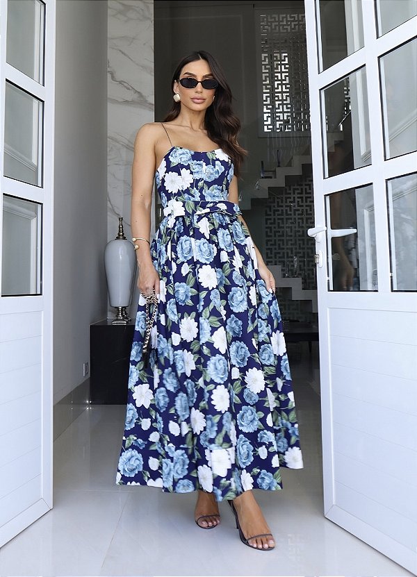 Vestido Midi de Crepe Floral Com Fundo Azul Blossom Floral