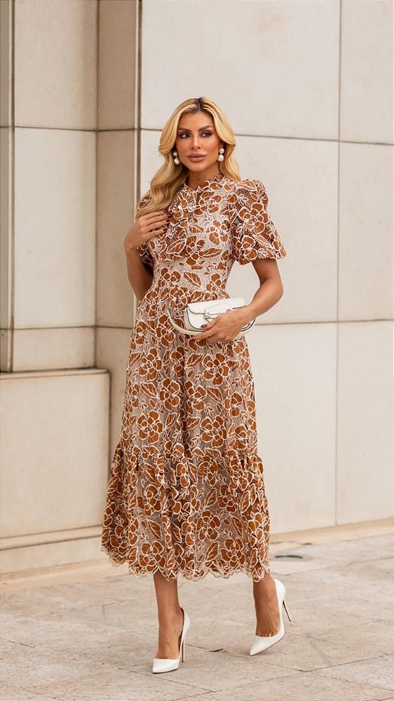 Vestido Midi de Renda Marrom Com Off-White Selene Marrom
