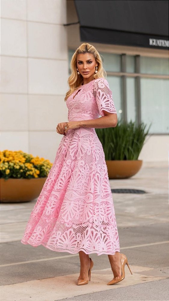 Vestido Midi de Renda Guipir Rosa Candy Clara Cor-de-rosa