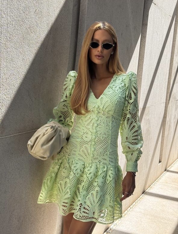 Vestido Curto de Renda Guipir Verde Menta Blanca Verde