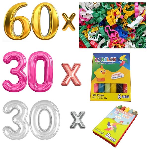 Kit Festa Aniversário - 60 Forminhas + 30 Cxs de Massinha de Modelar + 30 Cxs de Mini Giz de Cera