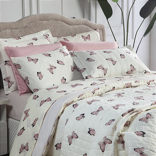 Kit de Cobre Leito Borboletas Rose Matelado Tamanho Casal Padrão