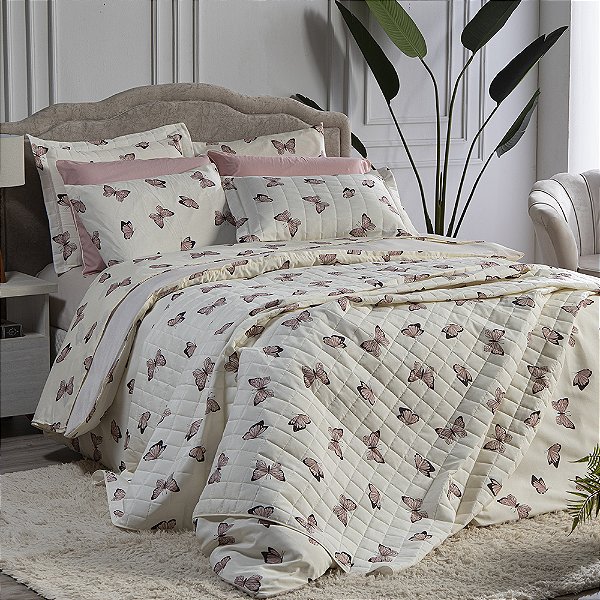Kit de Cobre Leito Borboletas Rose Matelado Queen 3 peças