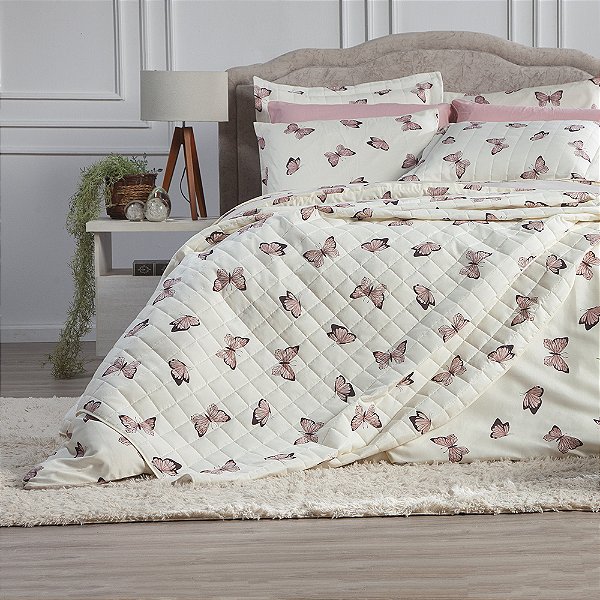 Kit de Cobre Leito Borboletas Rose Matelado Tamanho King 3 peças