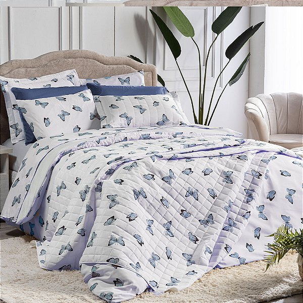 Cobre Leito Borboleta Azul Dupla face Estampado Matelado Solteiro 2 Peças