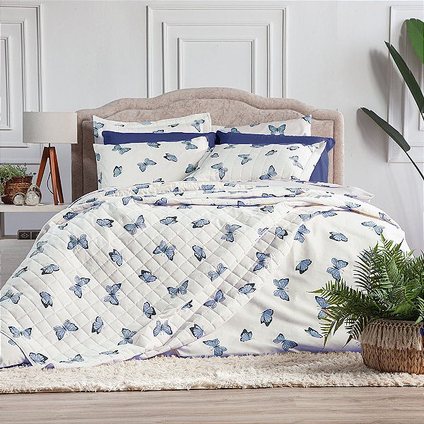 Cobre leito Queen 3 peças Dupla face Estampado Borboleta Azul