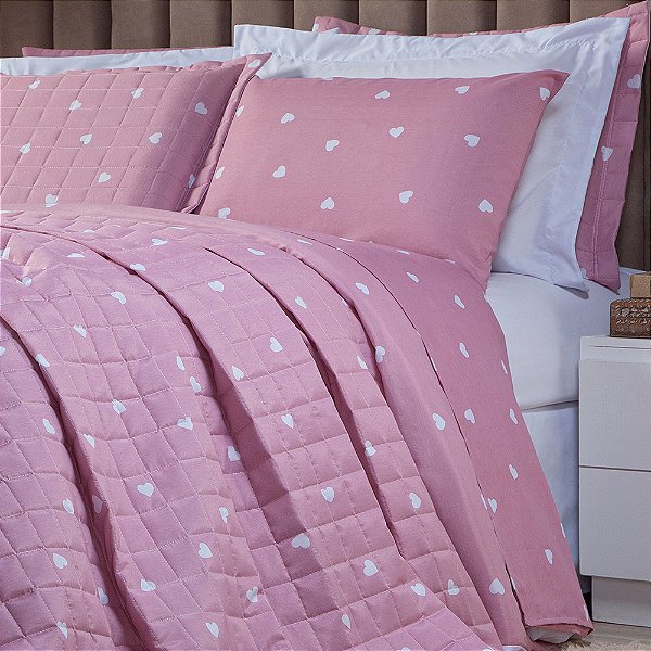 Cobre Leito King 3 Peças Matelado Dupla Face Estampado Corações