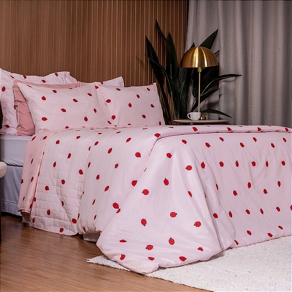 Kit Cama Cobre Leito King 3 Peças Joaninha Dupla Face