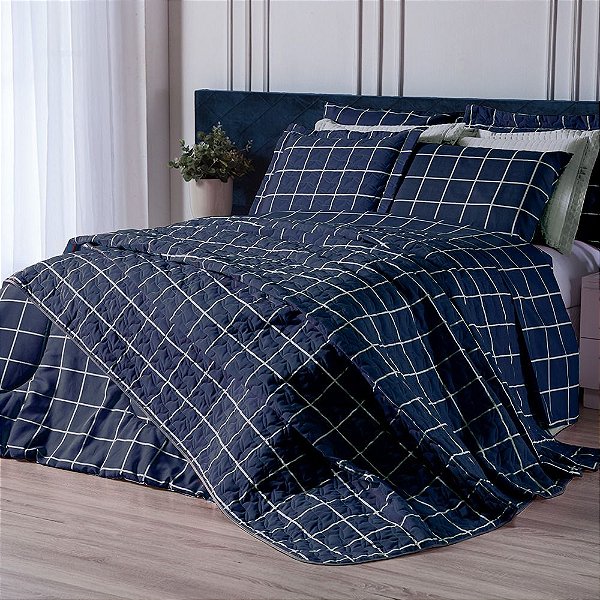 Cobre Leito Estampado Matelado Solteiro 2 Peças Grid Marinho