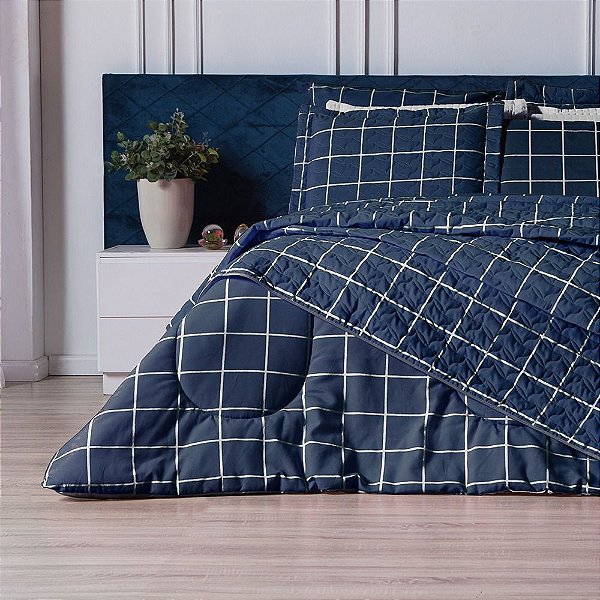Cobre Leito Casal Padrão 3 Peças Estampado Grid Marinho