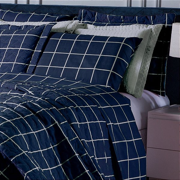 Cobre Leito King 3 Peças Grid Marinho Estampado
