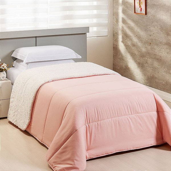 Coberdrom SOLTEIRO Percal 200 Fios Com Sherpa Flupy  Rosa