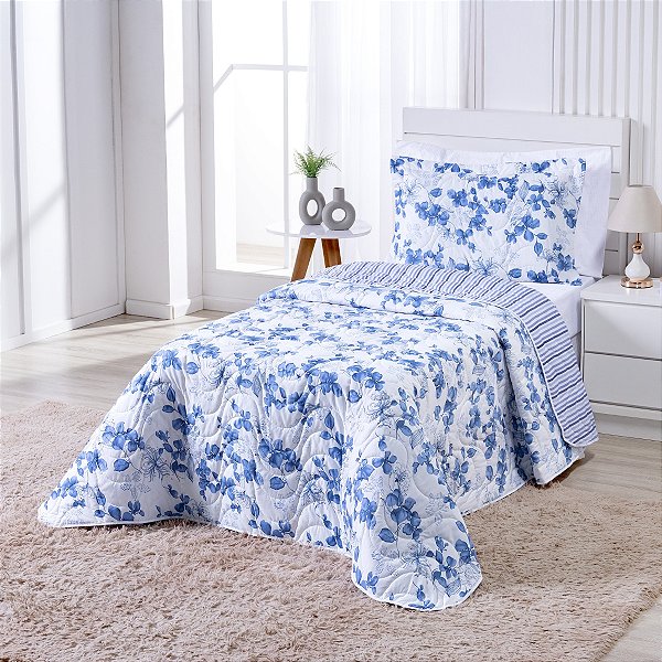 Cobre Leito 2 Peças SOLTEIRO Percal 200 Fios Colori Flores Azuis