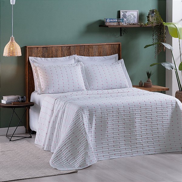 Cobre Leito 3 Peças CASAL Percal 200 Fios Decor Branco/Pink