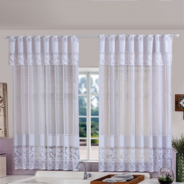 Cortina De Cozinha Bella Janela Renda Com Bandô 2,20m x 1,25m Branca