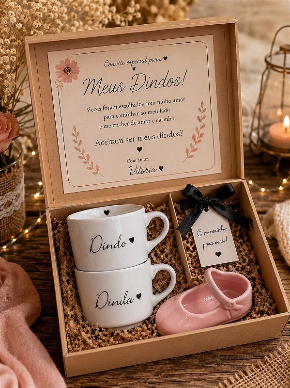 Kit Convite Dindos com 2 Canecas Porcelana