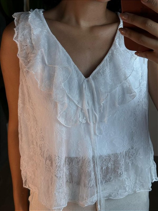 BLUSA DE RENDA CAVADA COM BABADO  02006