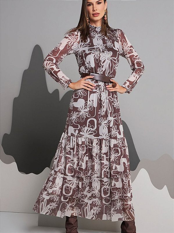 Vestido Tule Longo  G2781 Marrom