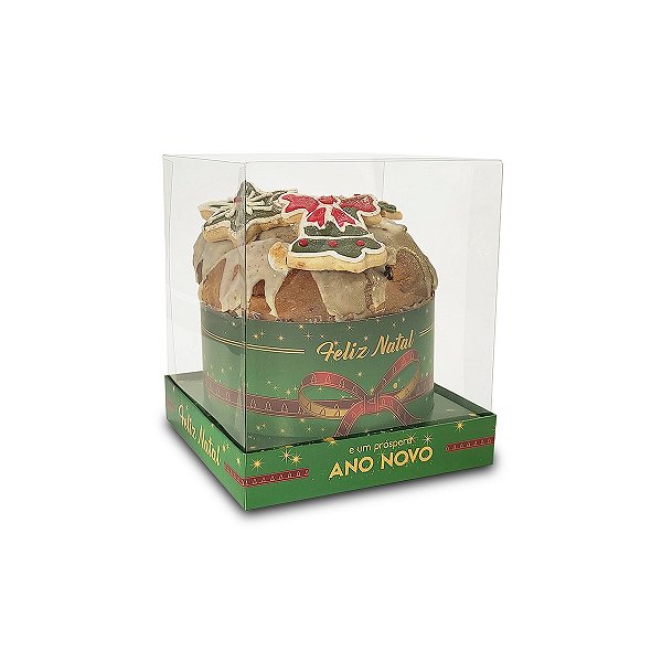 Caixa Vitrine Para Panetone de 100g - 9x9x11 - Feliz Natal Laços - 10 Unidades