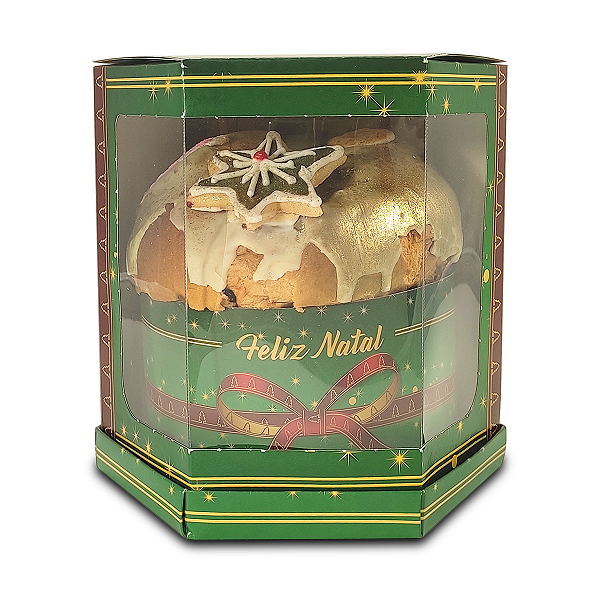 Caixa Hexagonal para Panetone de 500g - 15x15x17 - Feliz Natal Laços - 10 Unidades