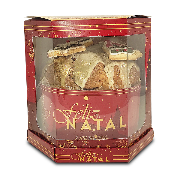 Caixa hexagonal para Panetone de 500g - 15x15x17 - Feliz Natal - 10 Unidades