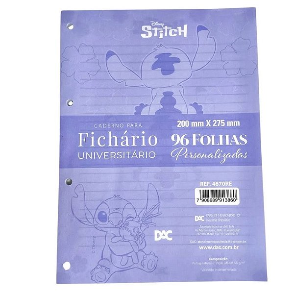 Refil fichario universitario Stitch com 96 folhas
