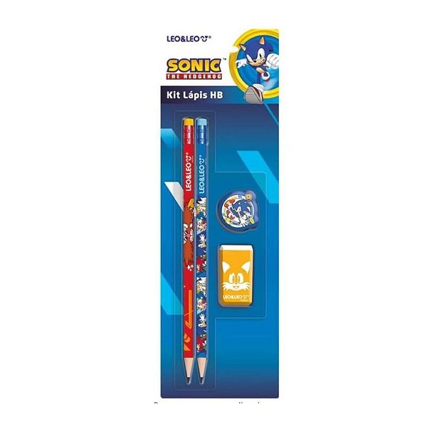 Kit Material Escolar Sonic Infantil Lápis Borracha Apontador Menino Sonic Leo & Leo