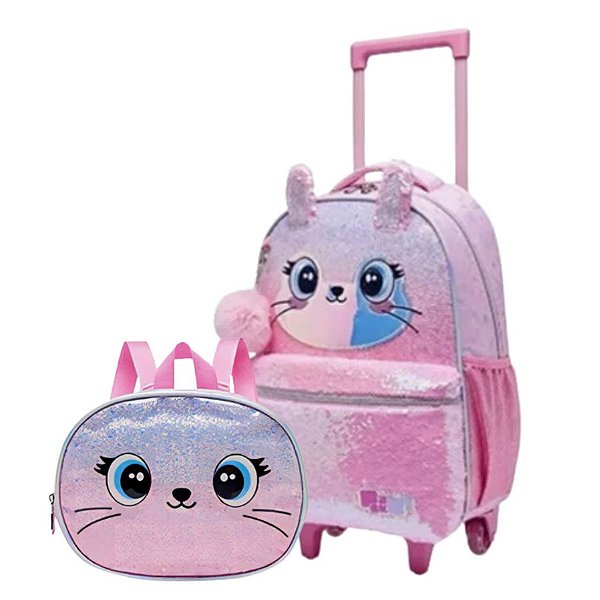 Kit Mochila com Rodas Coelhinhas + Lancheira Térmica
