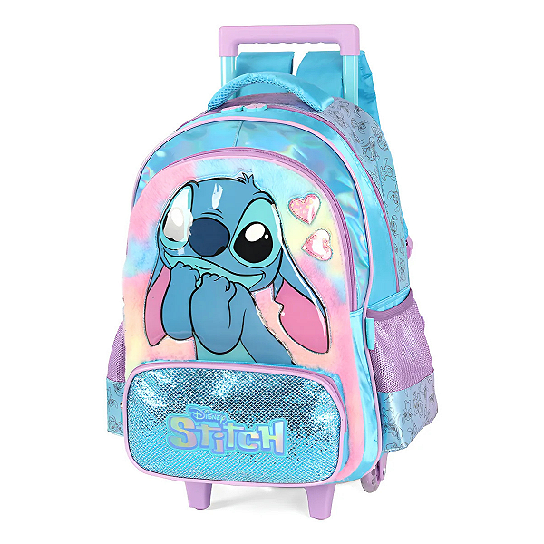 Mochila Rodinha E Costa Stitch Pelucia Disney Luxcel Filme Cor Roxa