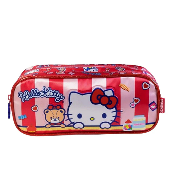 Estojo Escolar Duplo Com Zíper Da Hello Kitty Cetim - Vermelho E Rosa - Hello Kitty