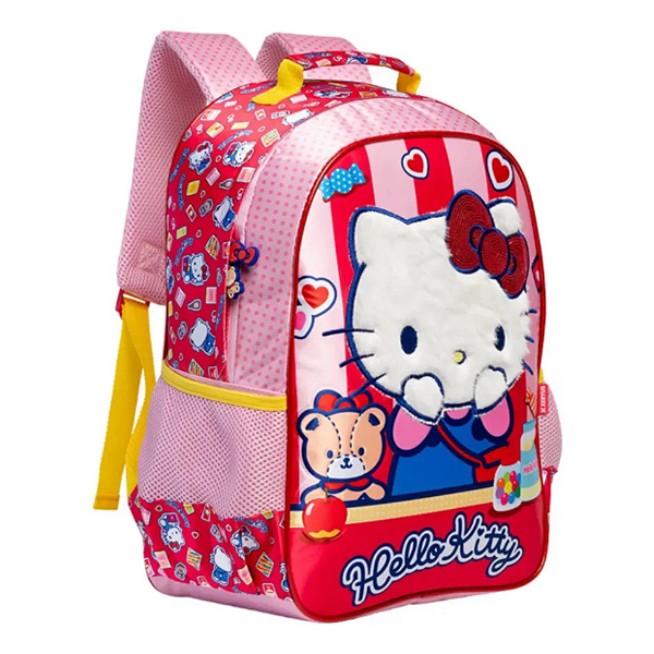 Mochila Escolar Rosa Vermelho 40cm Hello Kitty Paetês Cetim