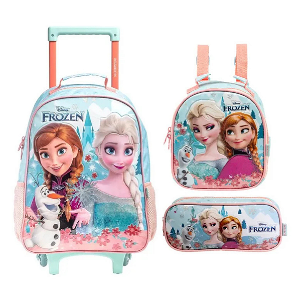 Kit Mochila Rodinha Escolar Frozen Lancheira Estojo 2026 Frozen Azul-celeste