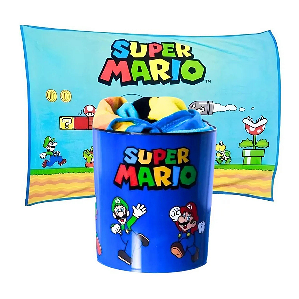 Kit Balde Pipoca + Manta Super Mario Mario Azul-celeste