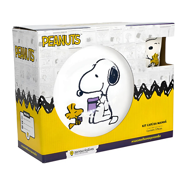 Kit Prato Bowl Caneca Snoopy Breakfast Café Da Manhã Branco