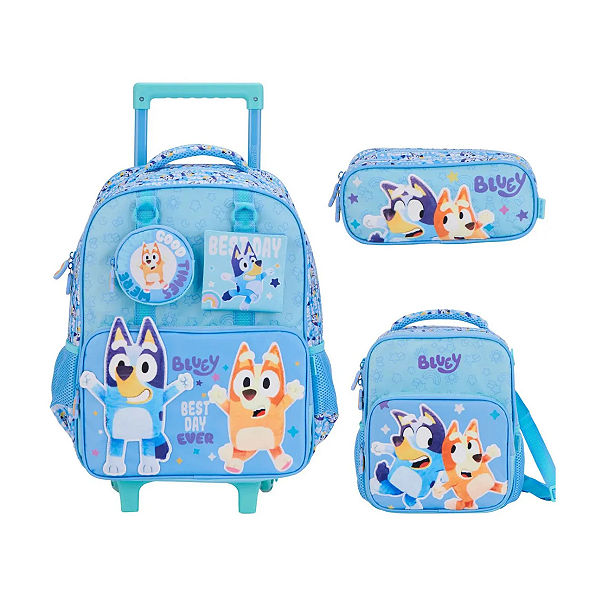 Kit Mochila C/ Rodas Lancheira E Estojo Bolsa Escolar Bluey