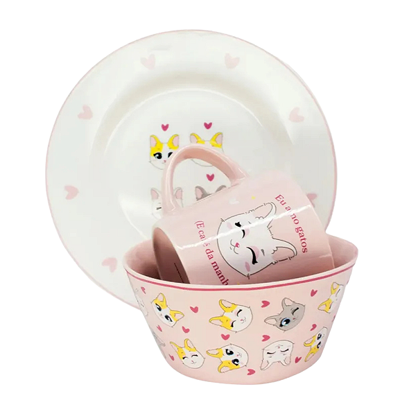 Kit De Café Da Manhã Com 3 Peças Eu Amo Gatos Zona Criativa