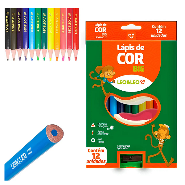 Lápis de Cor Leoeleo Jumbo 12 Cores com Apontador