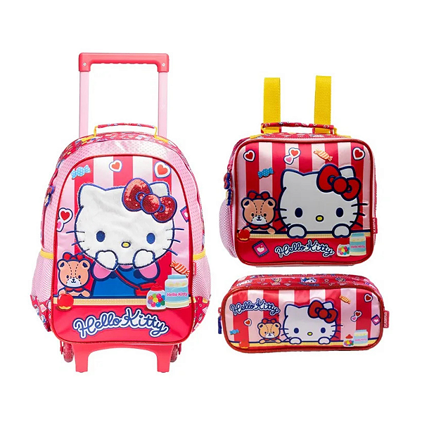 Kit Mochila Rodinha Hello Kitty Lancheira Estojo Duplo 2026