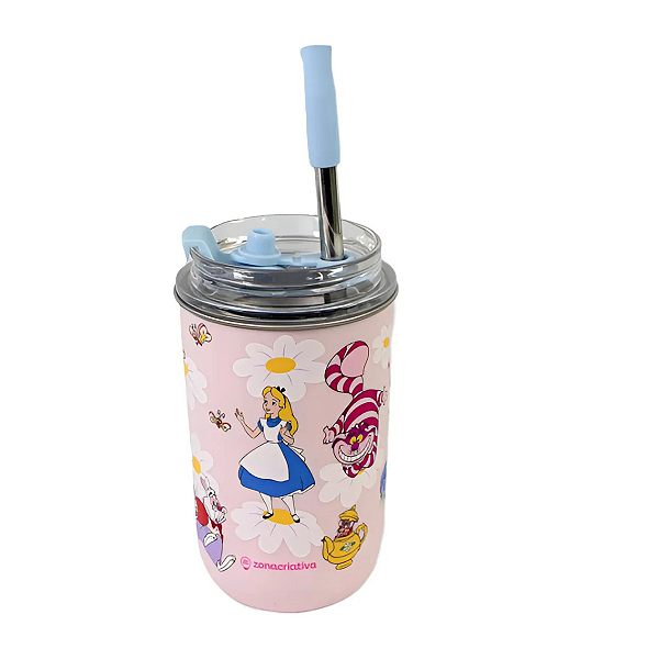 Copo Neo Alice No País Das Maravilhas Com Canudo 300ml Rosa