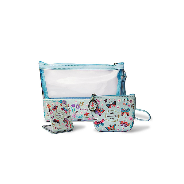 Kit Nécessaire 3 Peças - Fina Ideia - Borboletas no Jardim com espelho