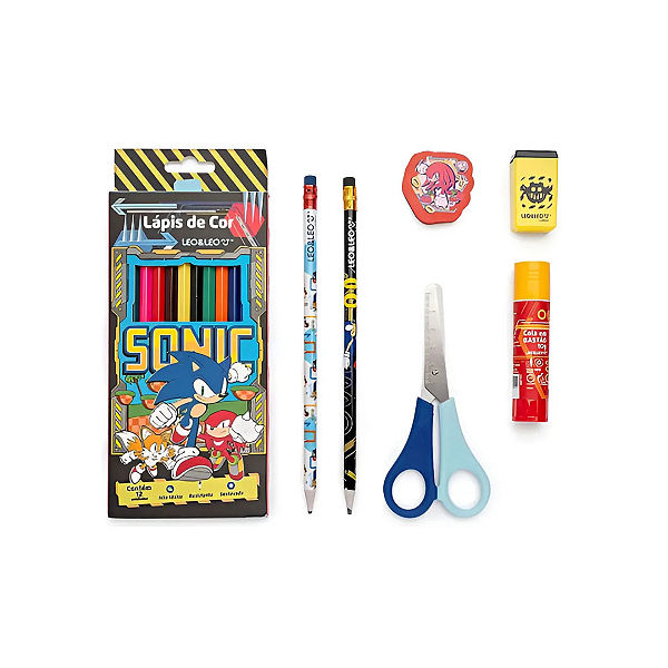 Kit Escolar Sonic 12 Lápis De Cor + 6 Itens Escolar Leo&leo