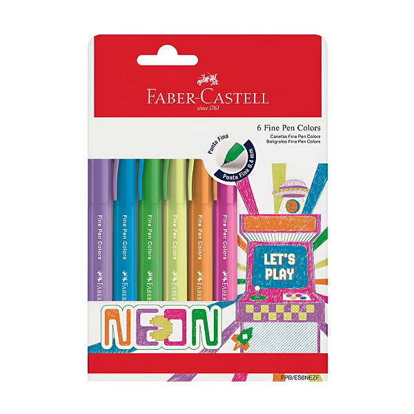 Caneta Hidrográfica Fine Pen 0.4mm Faber Castell 6 Cores Neon