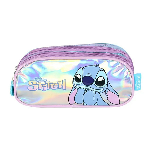 Estojo Triplo Escolar Stitch Holografico Azul Luxcel