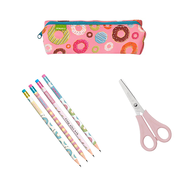 Kit Papelaria Fofa Donuts Estojo Lápis Borracha e Tesoura