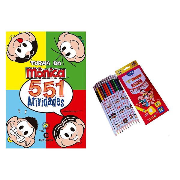 Kit Livro De Atividades Turma Da Mônica 551 Exercícios + Lápis de Cor com 12 cores apagável.