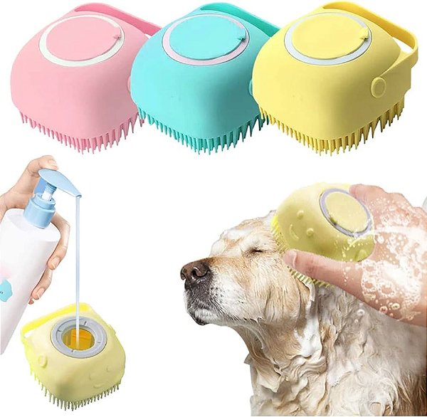 Escova Massageadora Banho Cães e Gato com Dispenser Rosa/ Amarelo