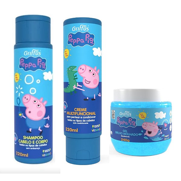 Kit Shampoo sem Embaraço Cabelo e Corpo, Creme Multifuncional e Gel Brilho Molhado George Peppa Pig Griffus